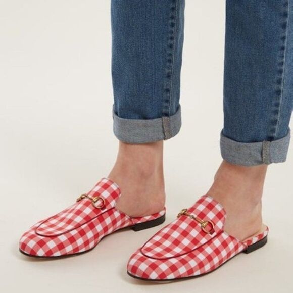 Gucci Women Red & White Gingham Plaid Check Slide Loafer Mule Slipper Si… - Picture 1 of 9